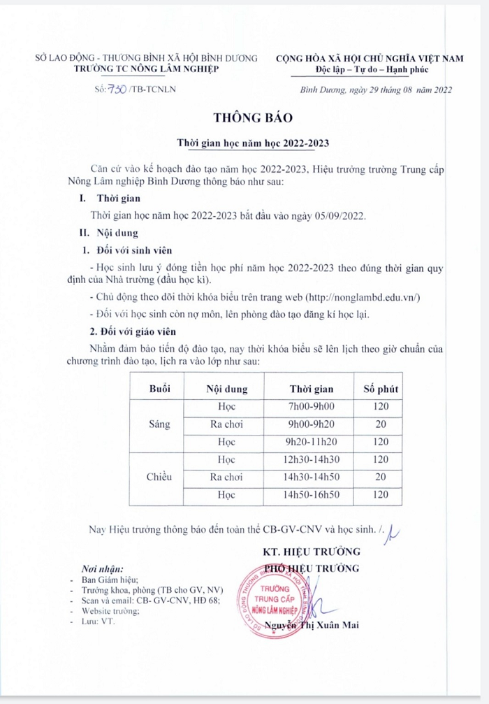 Thông báo thời gian năm học 2022-2023